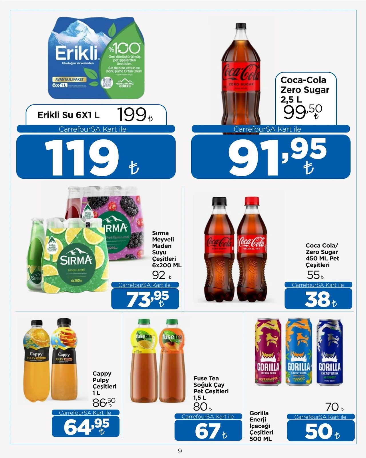 CarrefourSA 1-15 Ekim Kataloğu - 9. Sayfa (Erikli Su, Coca-Cola, Sırma, Cappy & Fuse Tea)